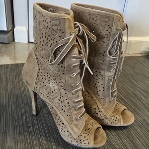 BCBGeneration Taupe Lace-Up Peep-Toe Boots